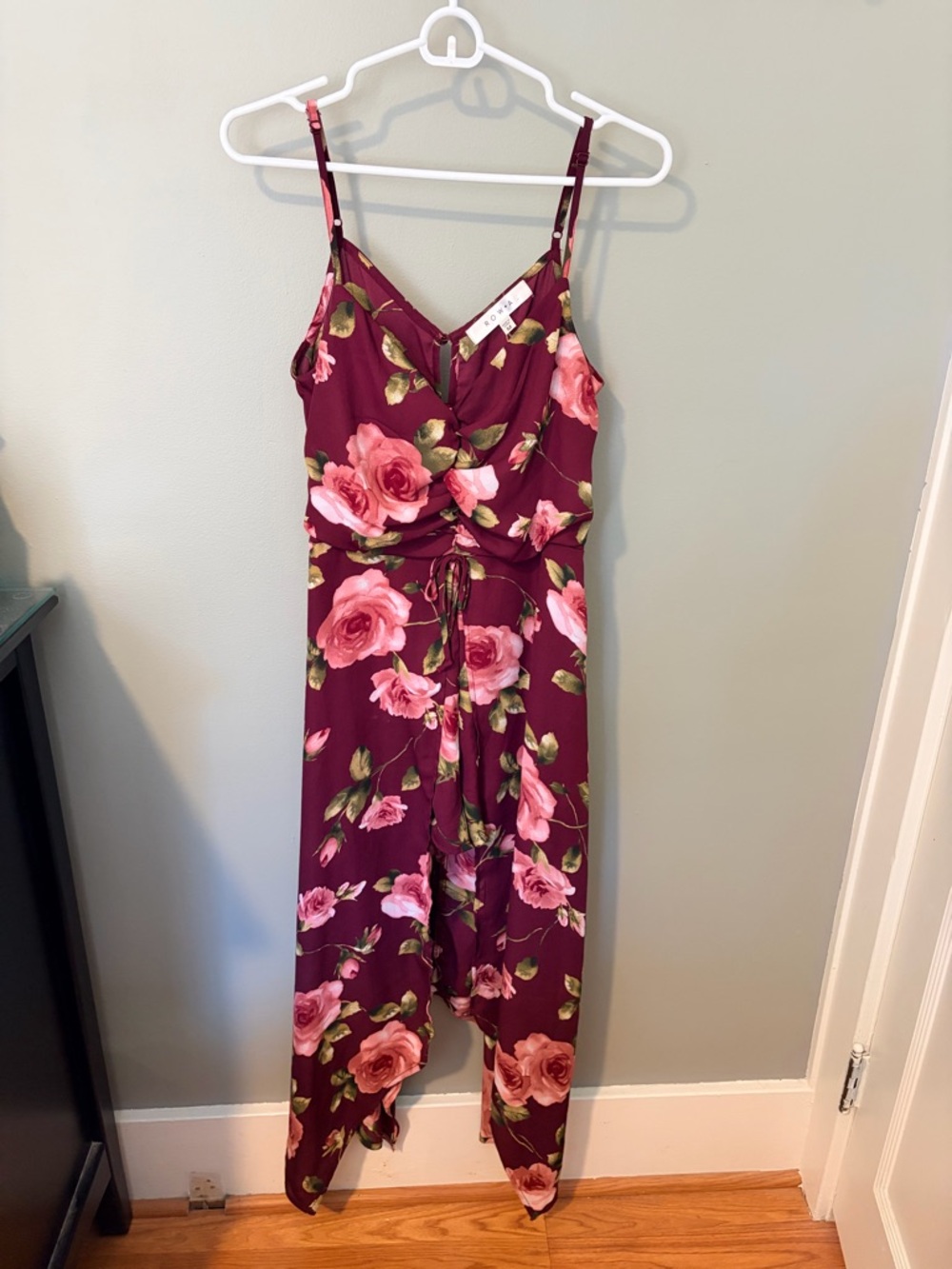 Floral Wrap Jumpsuit in Burgundy with Pink Roses